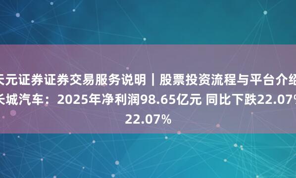 天元证券证券交易服务说明｜股票投资流程与平台介绍 长城汽车：2025年净利润98.65亿元 同比下跌22.07%